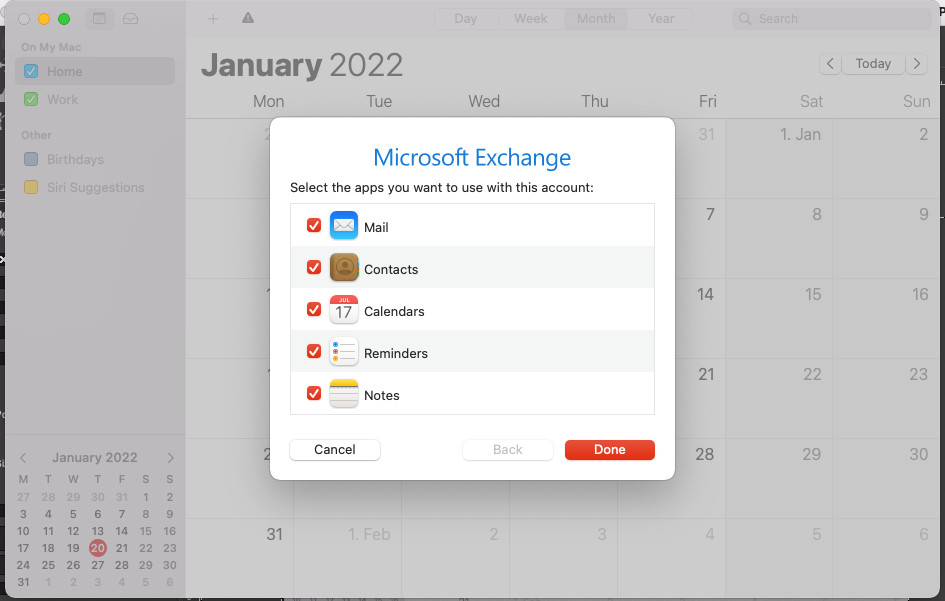 select which services offered by exchange you'll manage with macOS apps
