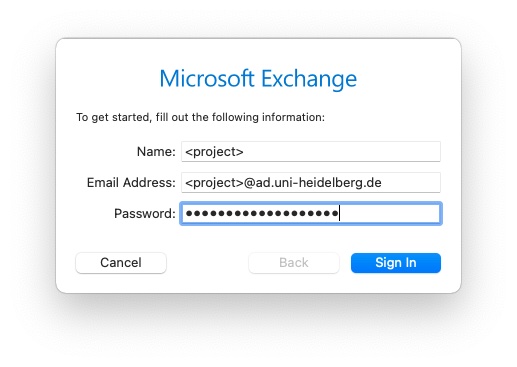 use your project account again as name and as mail address